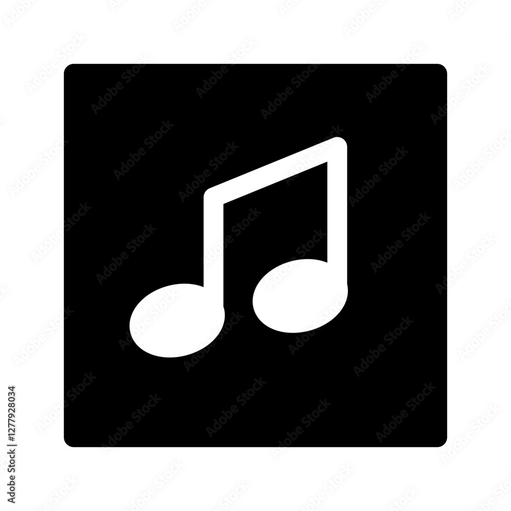 Simple line icon of a music note centered inside a square, great for apps and music systems.