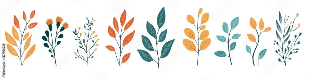 Colorful autumn leaves, branches, botanical design elements, white background, website design Colorful autumn leaves, branches, botanical design elements, white background, website design