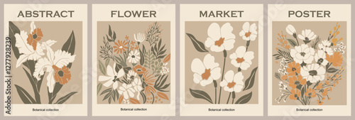 Set of abstract Flower Market posters. Trendy botanical wall arts with floral design in sage green colors. Modern naive groovy funky interior decorations, paintings. Vector art illustration.