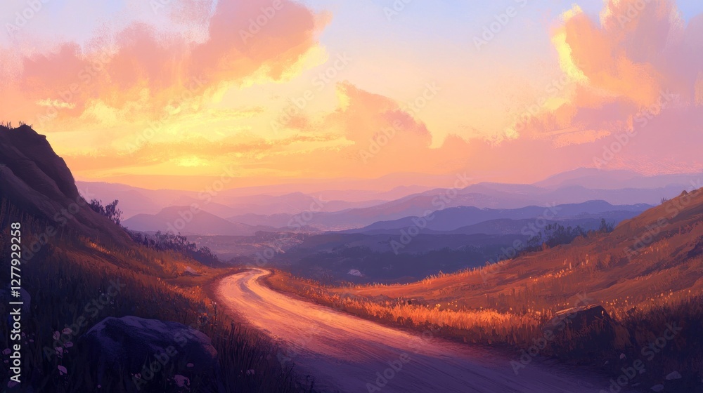 Fototapeta premium Winding road through hills leads to mountains at sunset
