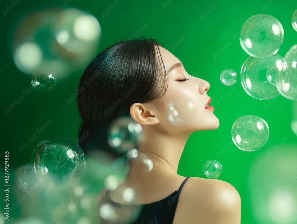 Asian young female surrounded by bubbles on vibrant green background Asian young female surrounded by bubbles on vibrant green background