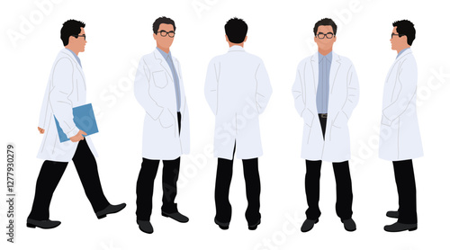 Male doctor character in different poses - front, side, back rear view full length, standing and walking with document folder. Asian confident healthcare professional wearing lab coat, gown.