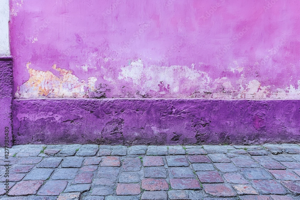 Fototapeta premium Vibrant pink and purple weathered wall with cobblestone street