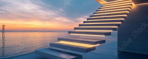 Floating outdoor staircase with sleek LED lighting, futuristic modern design