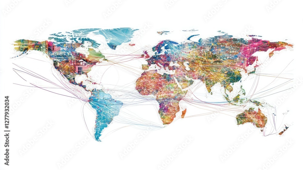 Obraz premium Colorful world map with interconnected lines and global network