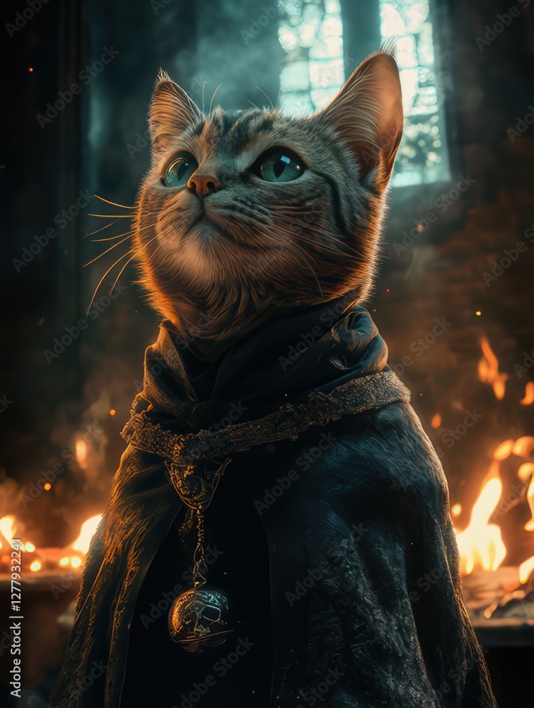 Mystical Feline: A captivating close-up of a regal cat, attired in an ancient cloak, its gaze directed skyward, and immersed in a scene of mystical flames and antiquated architecture. Mystical Feline: A captivating close-up of a regal cat, attired in an ancient cloak, its gaze directed skyward, and immersed in a scene of mystical flames and antiquated architecture.