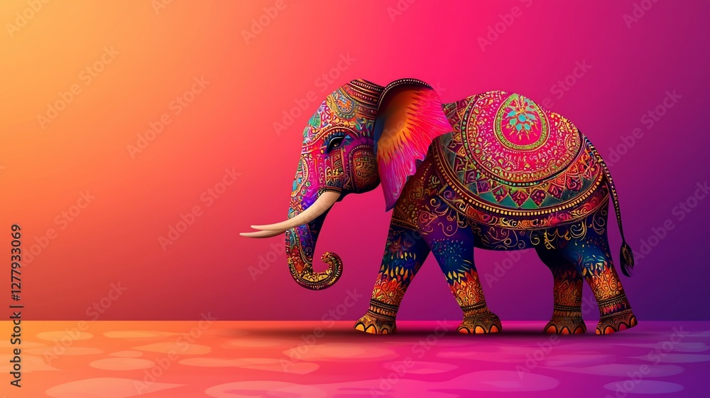 Fototapeta premium Ornate elephant, vibrant colors, Holi festival.
