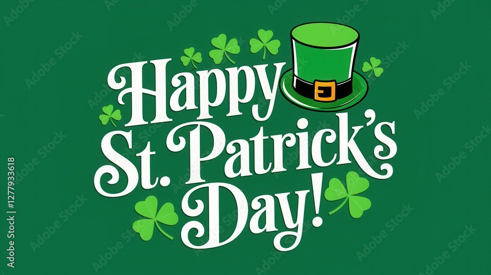 Saint Patrick's Day greetings card with clover leaf a leprechaun hat, a shamrock, a pot of gold coins, a rainbow, on a dark green background Saint Patrick's Day greetings card with clover leaf a leprechaun hat, a shamrock, a pot of gold coins, a rainbow, on a dark green background