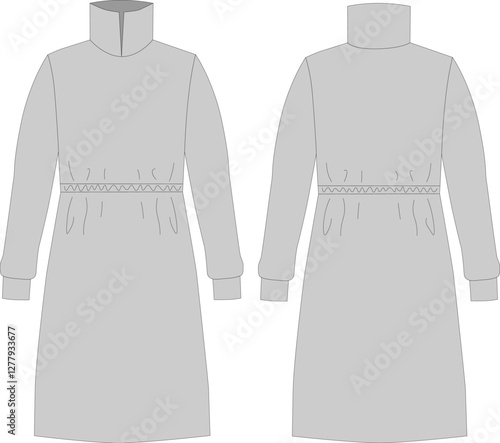 Technical fashion illustration: Slim fit midi dress with high collar, jersey, front and back view, women's CAD, gray, flat drawing template.