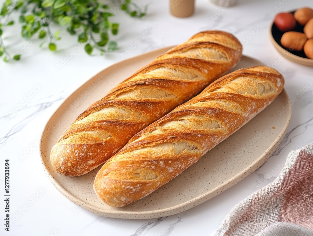 Freshly baked golden baguettes on rustic plate in a bright kitchen setting Freshly baked golden baguettes on rustic plate in a bright kitchen setting