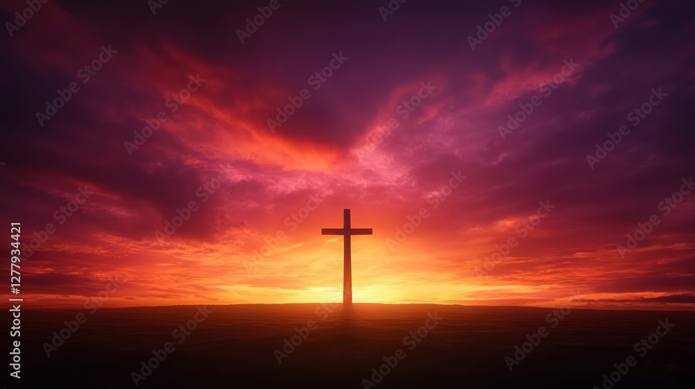 Naklejka premium Silhouette Cross at Sunset Dramatic Vibrant Sky Faith Hope Religious Symbol