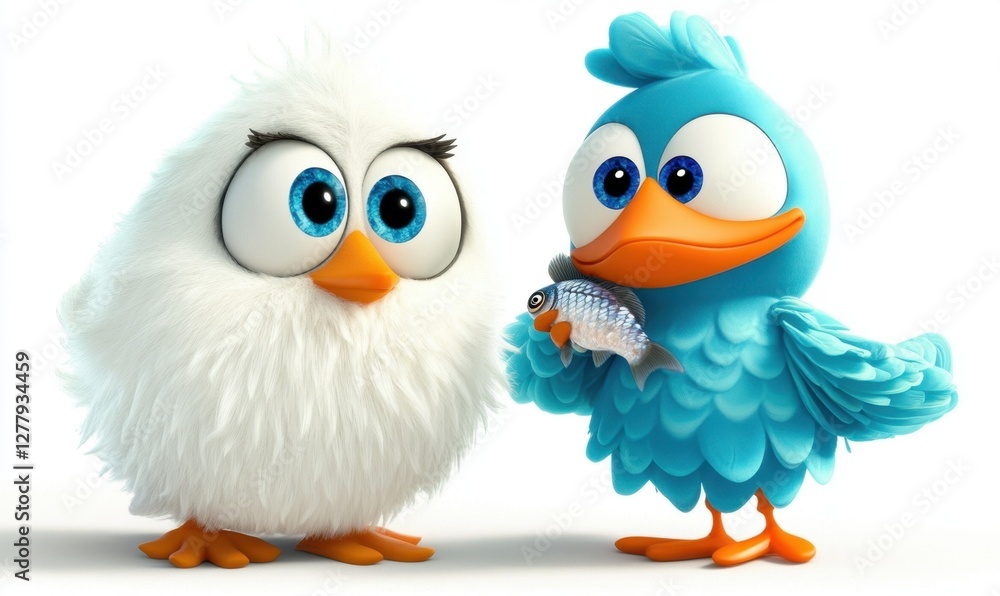 Two cartoon birds interact in a bright setting, one holding a fish, showcasing friendship Two cartoon birds interact in a bright setting, one holding a fish, showcasing friendship