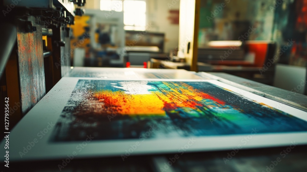 Fototapeta premium Close up view shows painting being processed by printing machine