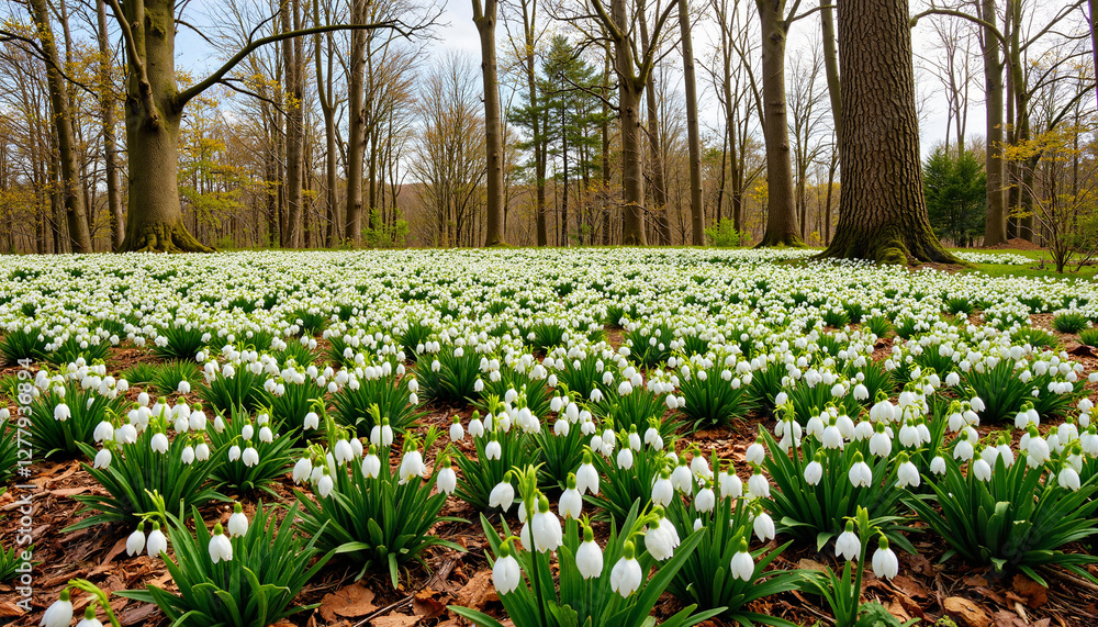 Obraz premium Screensaver. Drift of snowdrops in forest during early spring, natural beauty