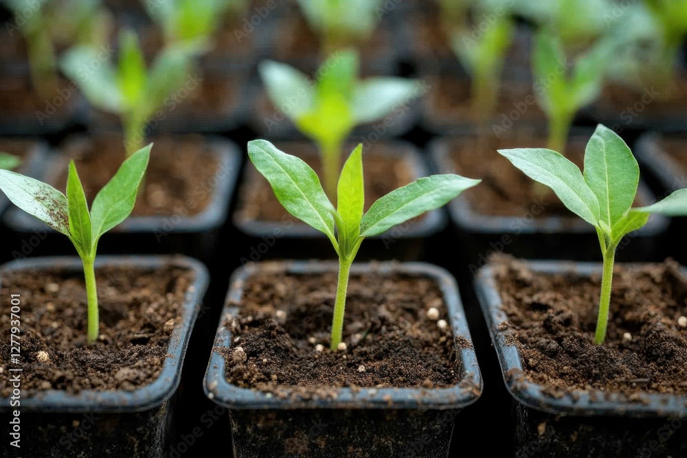 Close up of vibrant green seedlings sprouting in dark soil filled pots symbolizing new life and growth in agriculture Close up of vibrant green seedlings sprouting in dark soil filled pots symbolizing new life and growth in agriculture