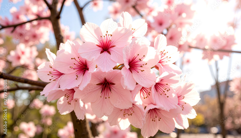 Obraz premium Screensaver. Blooming cherry blossoms in city park under soft sunlight, spring beauty