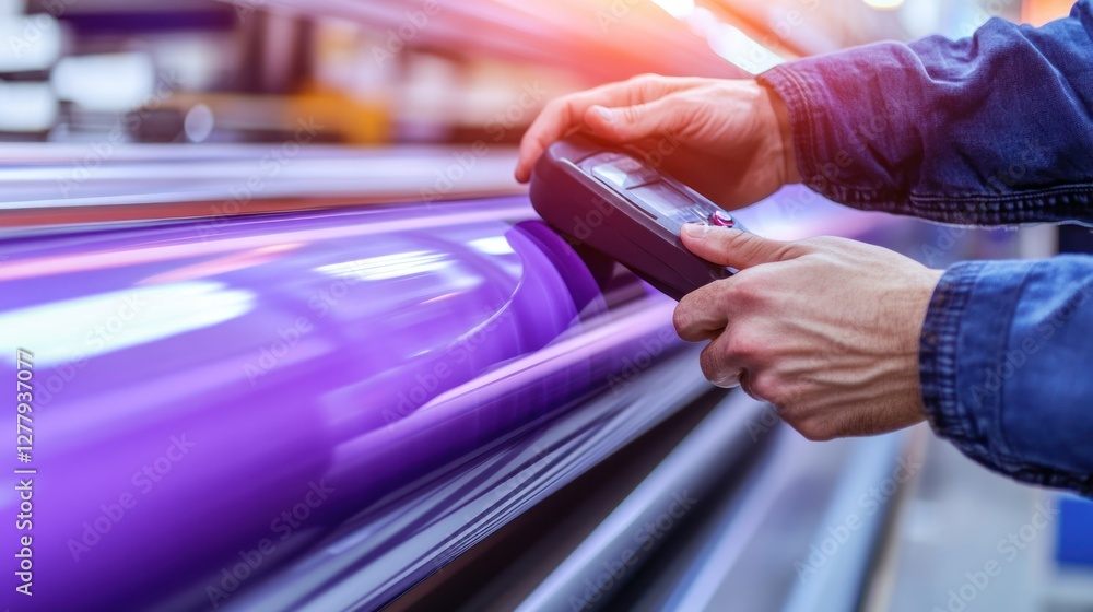 Obraz premium Worker inspecting large purple printing material with handheld device