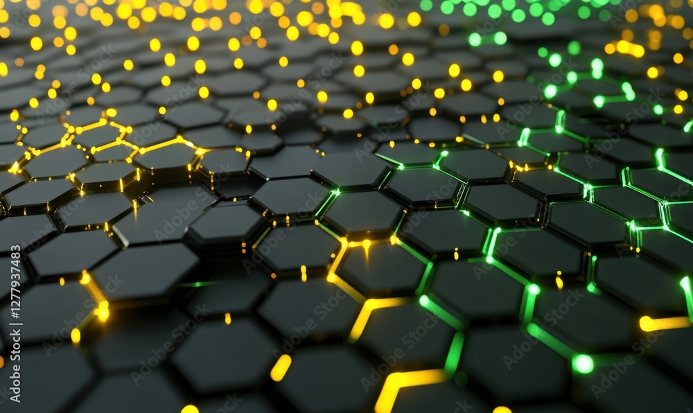 Fototapeta premium Abstract close-up of illuminated hexagonal patterns in vibrant colors on a dark surface