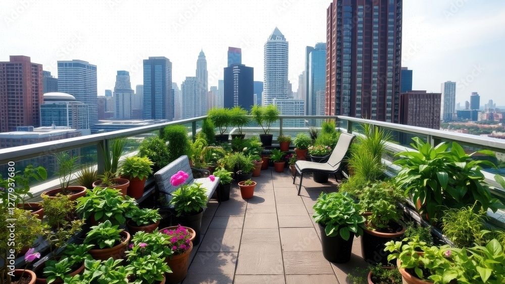 Fototapeta premium Rooftop Garden Cityscape, Urban Oasis - Urban Oasis