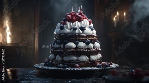 Extravagant layered cake adorned with cream and fresh berries