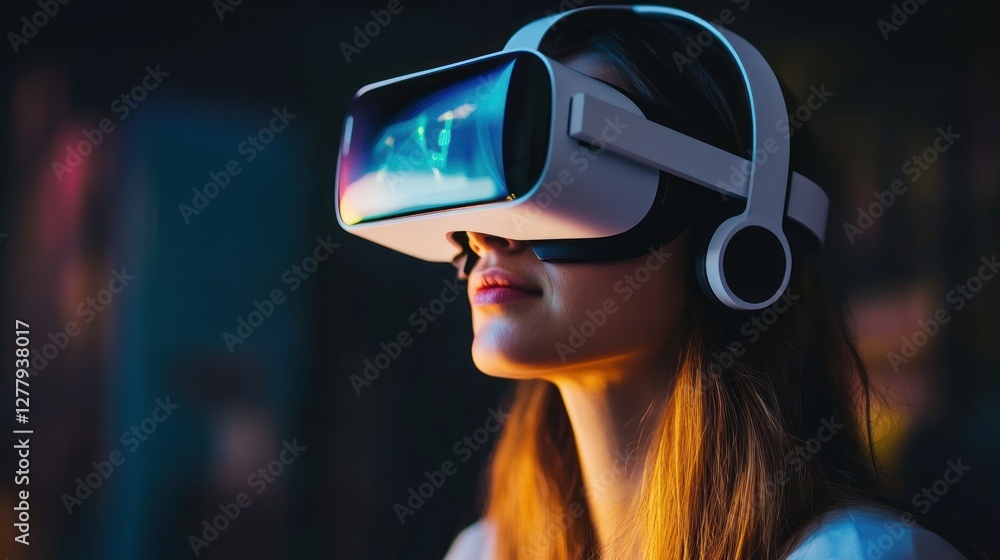 Woman is immersed in a virtual reality experience using headset Woman is immersed in a virtual reality experience using headset