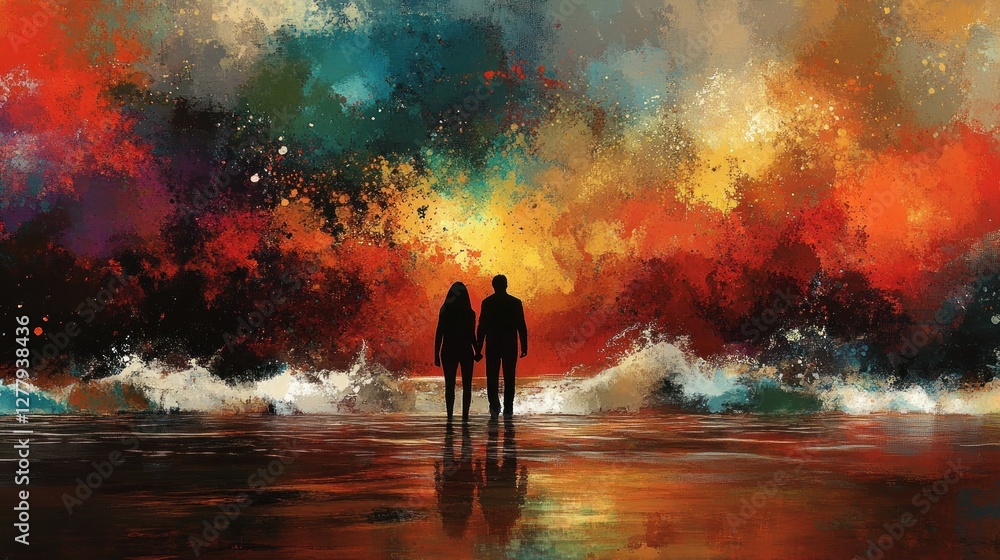 Silhouette of a couple standing on a beach together Silhouette of a couple standing on a beach together