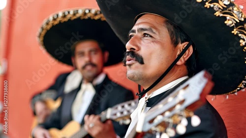 A close-up of a cheerful mariachi musician wearing a traditional hat and smiling brightly.