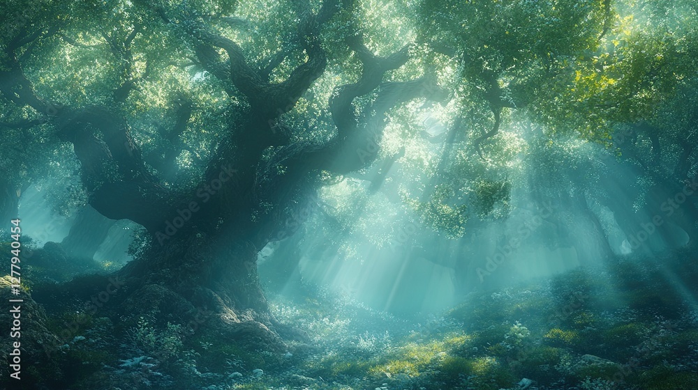 Fototapeta premium Mystical foggy forest with towering ancient trees and scattered light rays 
