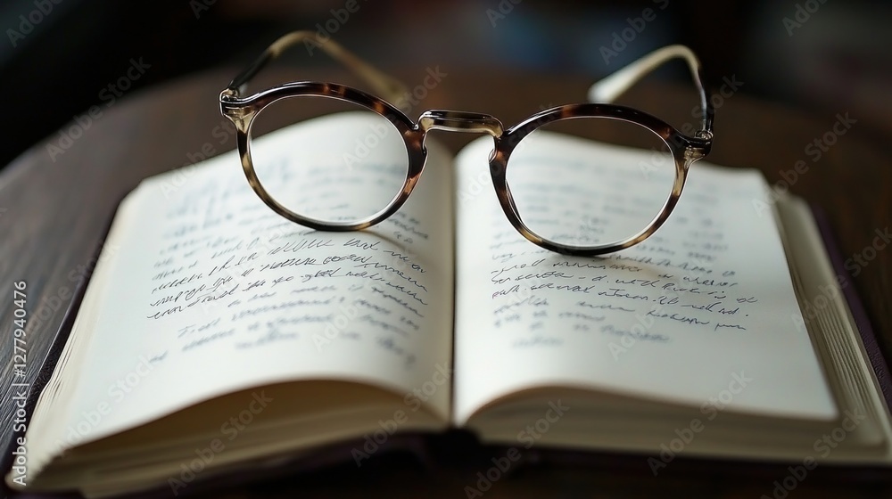 Eyeglasses rest atop an open notebook filled with handwriting Eyeglasses rest atop an open notebook filled with handwriting