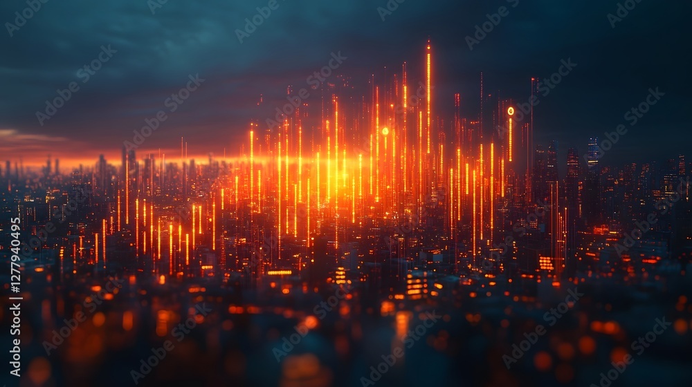 Fototapeta premium Dramatic Cityscape with Illuminating Financial Graph Signaling Growth and Warnings