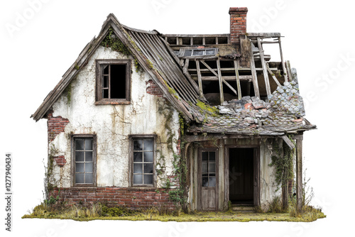 abandoned house with damaged roof and overgrown vegetation, showcasing decay and neglect. structure features brick walls and broken windows, evoking sense of desolation