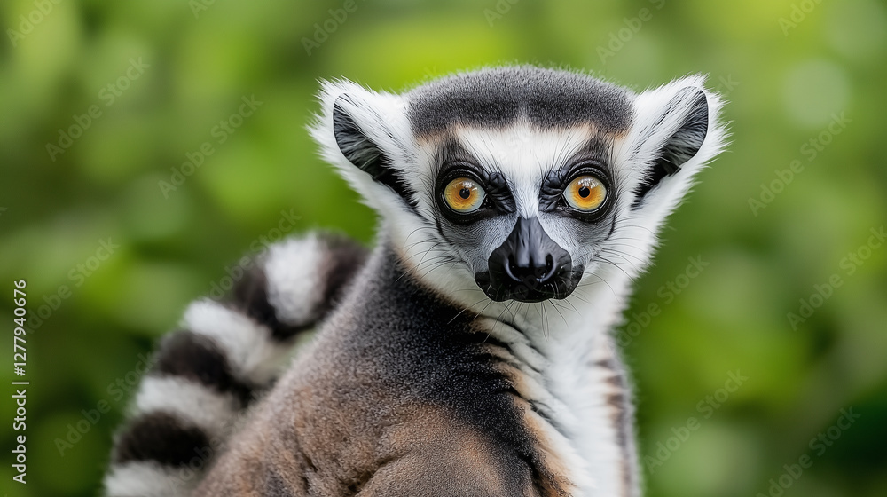 Obraz premium Curious ring-tailed lemur staring into the camera with a soft-focus background