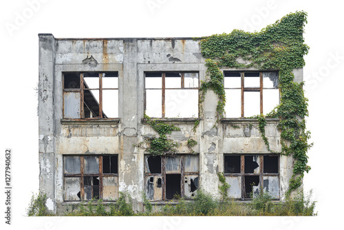dilapidated building with broken windows and overgrown ivy, showcasing urban decay and nature reclamation. structure reflects sense of abandonment and history