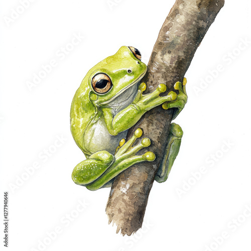 vibrant green frog clings to branch