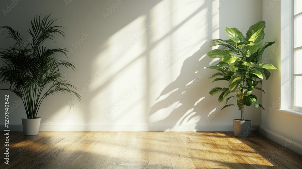 Serene indoor space with sunlight casting shadows on wall and two potted plants on wooden floor