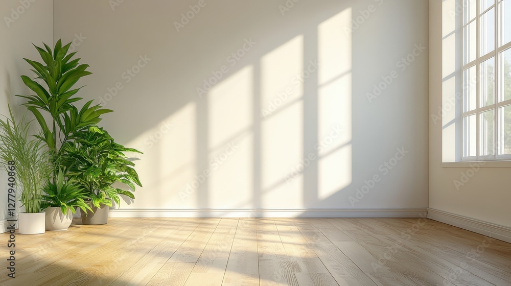 Fototapeta premium Bright interior with sunlight streaming through window illuminating plants on wooden floor creating calm atmosphere