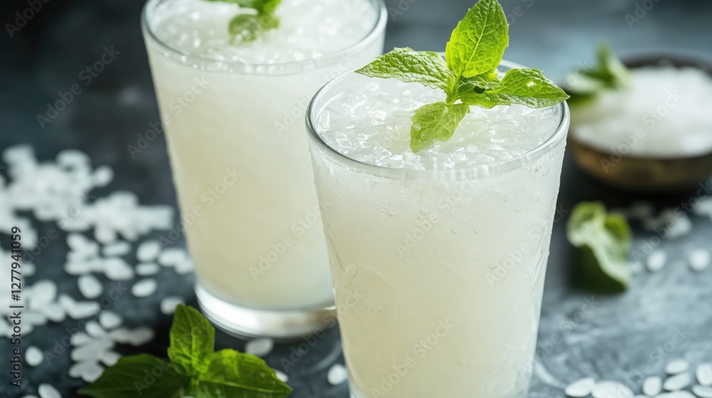 Refreshing citrus mint drink with crushed ice and fresh mint leaves in glasses Refreshing citrus mint drink with crushed ice and fresh mint leaves in glasses