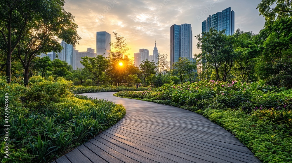 Modern city park blending urban architecture with lush natural landscaping Modern city park blending urban architecture with lush natural landscaping