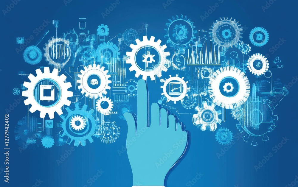 Blue hand interacting with digital gears, technology background, process optimization Blue hand interacting with digital gears, technology background, process optimization