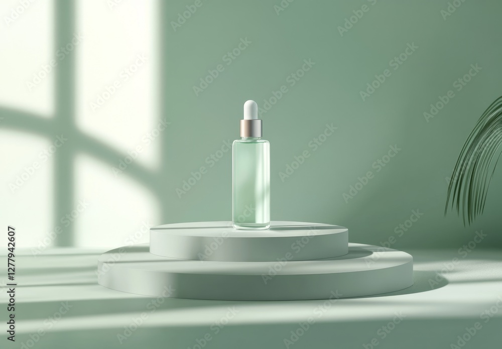Green serum bottle, minimal studio, sunlight, palm leaf, product display Green serum bottle, minimal studio, sunlight, palm leaf, product display