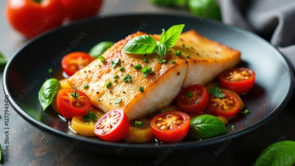 Pan-Seared Fish Fillet with Roasted Cherry Tomatoes and Fresh Basil Garnish on a Dark Plate Pan-Seared Fish Fillet with Roasted Cherry Tomatoes and Fresh Basil Garnish on a Dark Plate