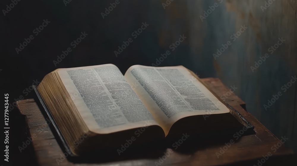 Fototapeta premium Open aged book rests on a dark wooden surface