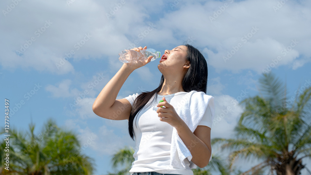 A beautiful women drinking from a water bottle. A beautiful women drinking from a water bottle.