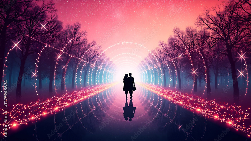 Glowing Pink Fantasy Pathway, Romantic Winter Wonderland: Illuminated Tunnel Under Cherry Blossom Trees, Glowing Pink Fantasy Pathway, Romantic Winter Wonderland: Illuminated Tunnel Under Cherry Blossom Trees,