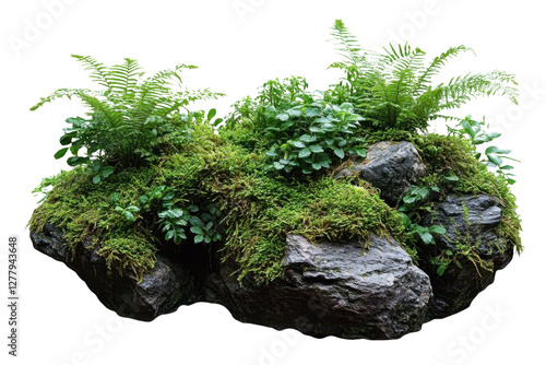 mossy rock with ferns isolated on white background