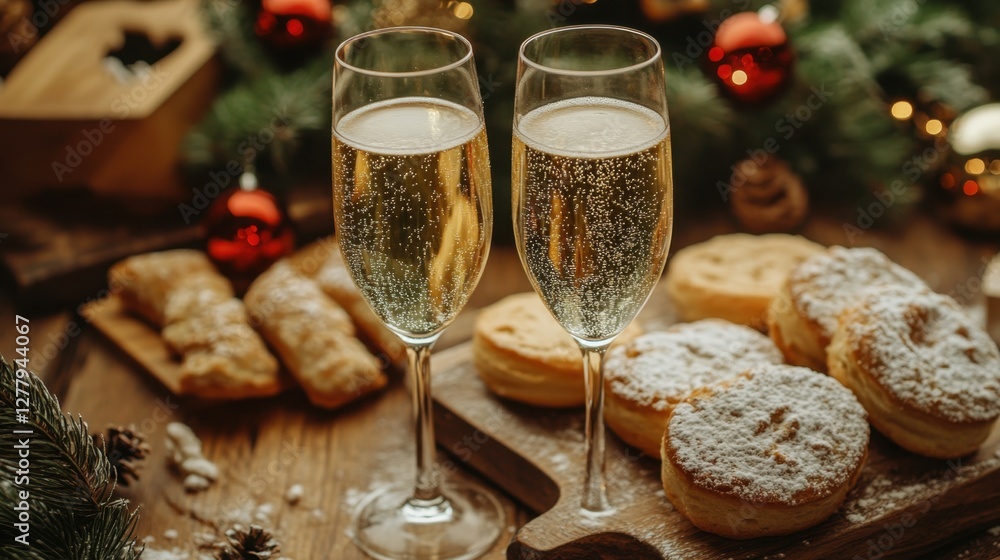 Festive champagne toast with powdered sugar cookies and christmas ornaments on rustic wooden table Festive champagne toast with powdered sugar cookies and christmas ornaments on rustic wooden table