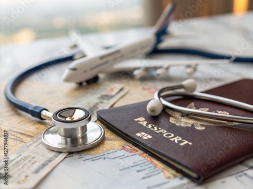 A stethoscope passport and airplane model placed on a travel map symbolizing travel insurance medical tourism and global healthcare coverage  
