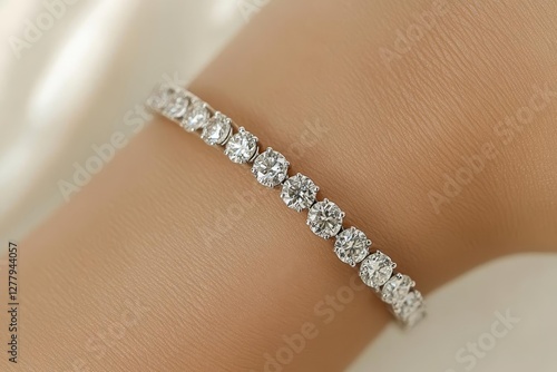 elegant diamond tennis bracelet catching light on a graceful wrist platinum setting with brilliantcut stones soft natural lighting against cream background photo