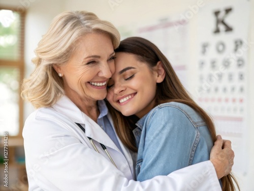 Smiling female doctor warmly embraces a happy young patient in a medical office symbolizing trust care and healthcare support  
