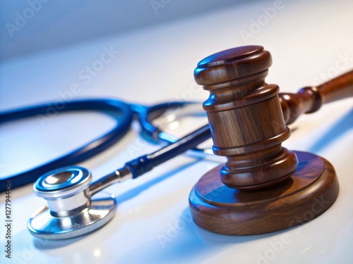 Close up of a wooden gavel and stethoscope on a white surface symbolizing medical law ethics and healthcare regulations in legal practice  
